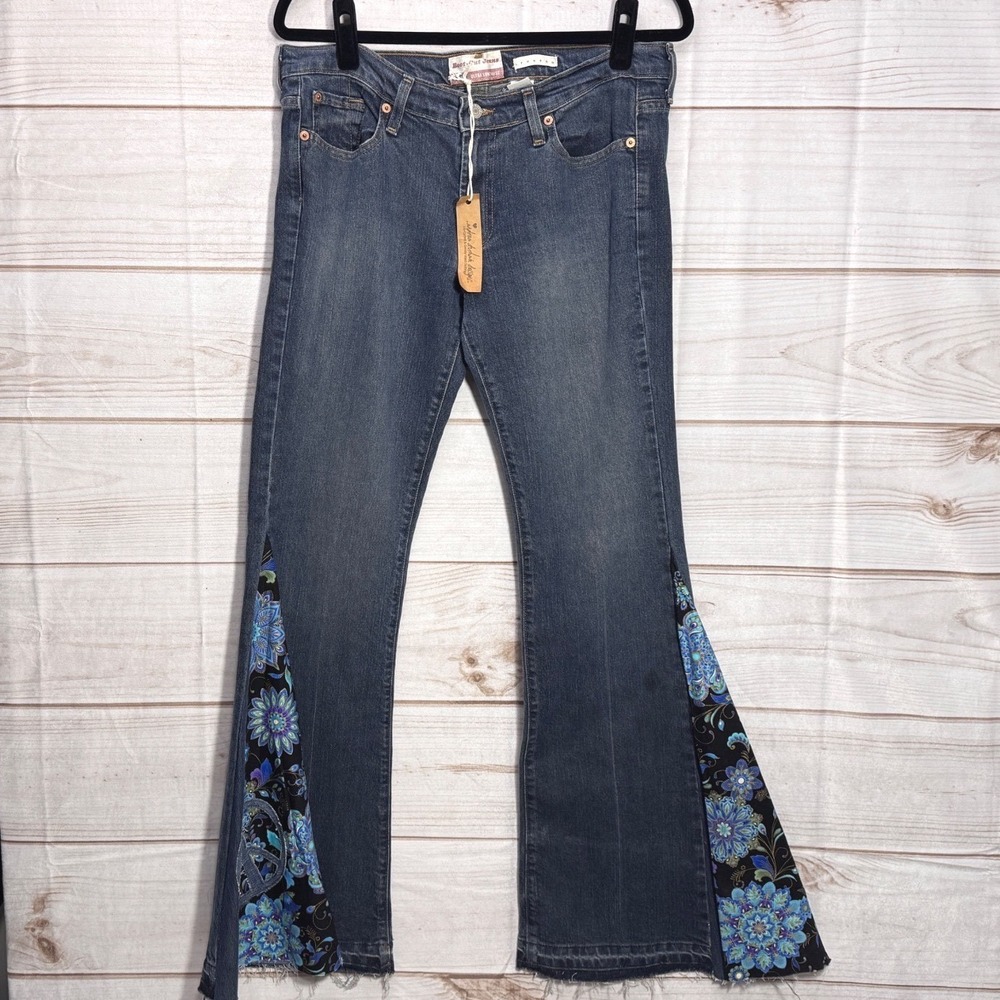 Custom Navy Ultra Low Waist Boot Cut Bell Bottom Jeans Floral Peace Patch 10 R